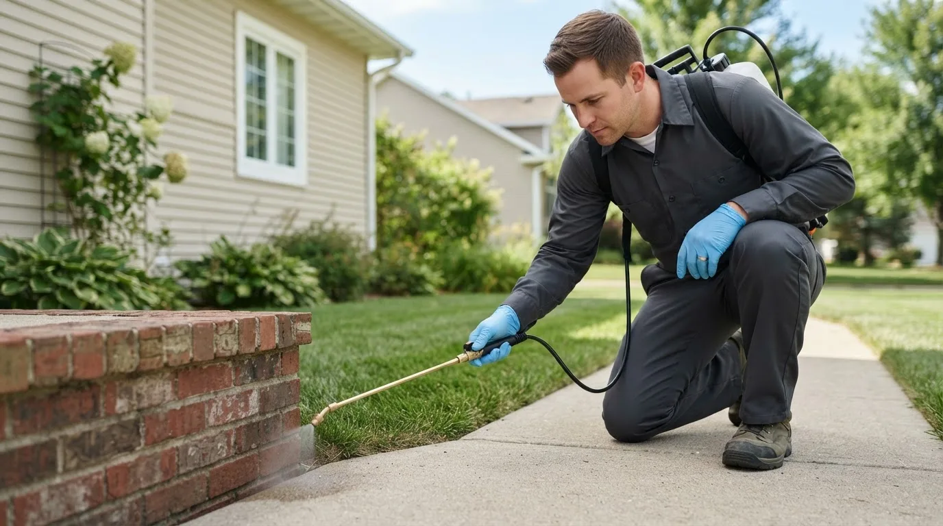 Pest control technician treating a home near New Windsor, IL