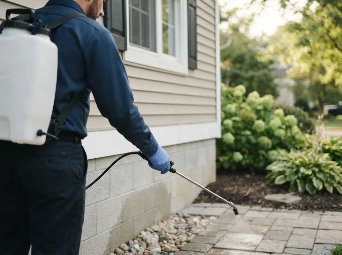 Pest control technician inspecting a home in New Windsor, IL